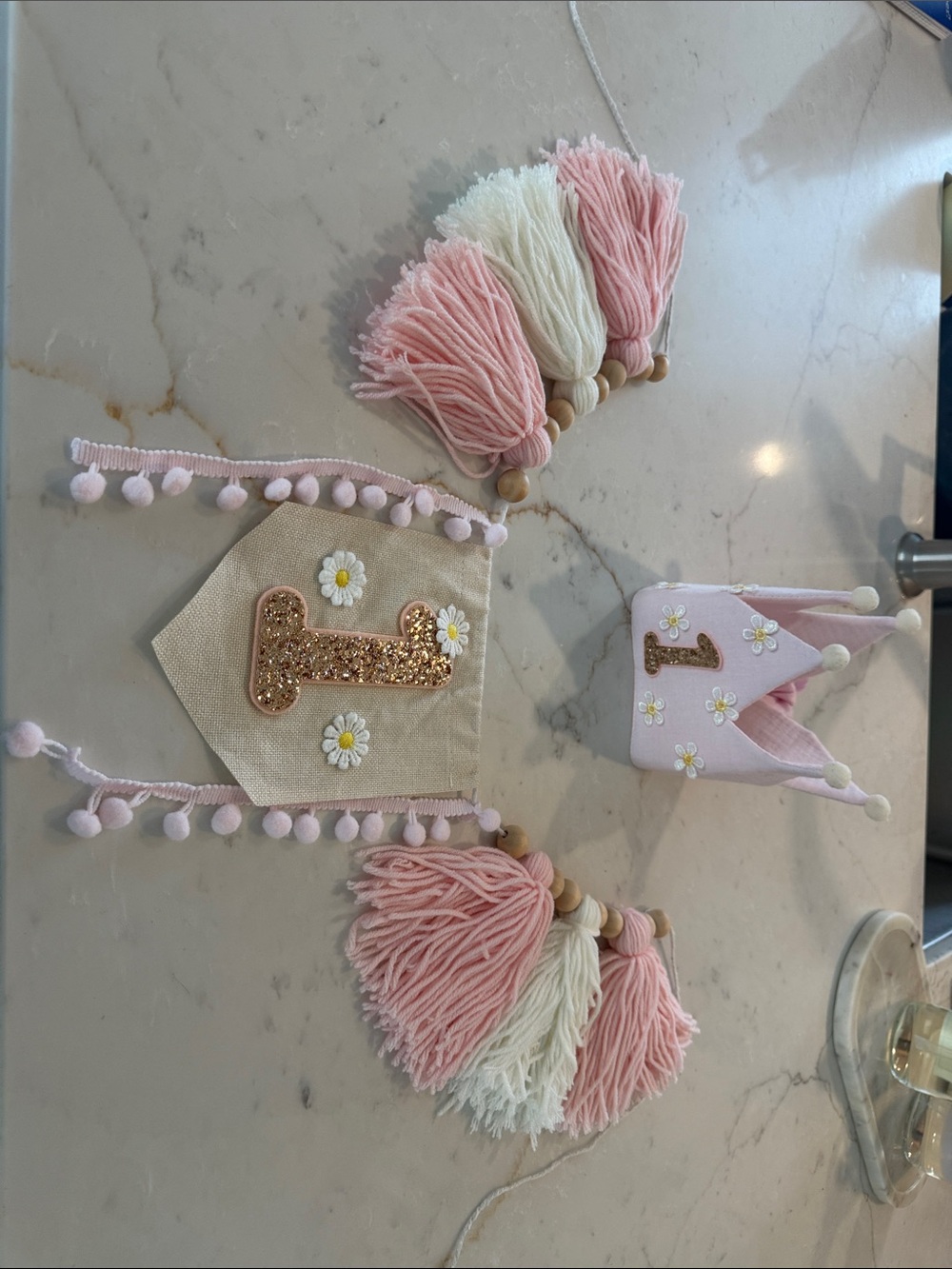 Amazon Pink Baby Crown Headband with Gold Glitter '1' and White Daisy Embroidery